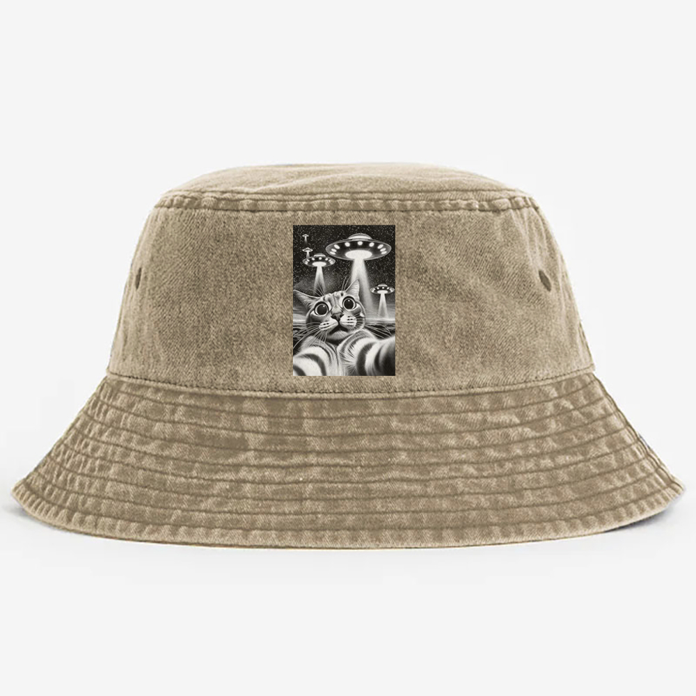 Cat Selfie with UFOs Sci-Fi Retro Vintage Washed Bucket Hat