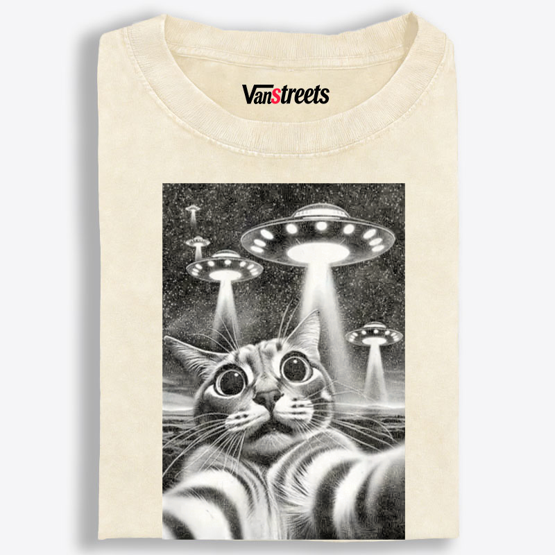 Cat Selfie with UFOs Sci-Fi Retro Washed T-Shirt | 100% Cotton | Streetwear Essential