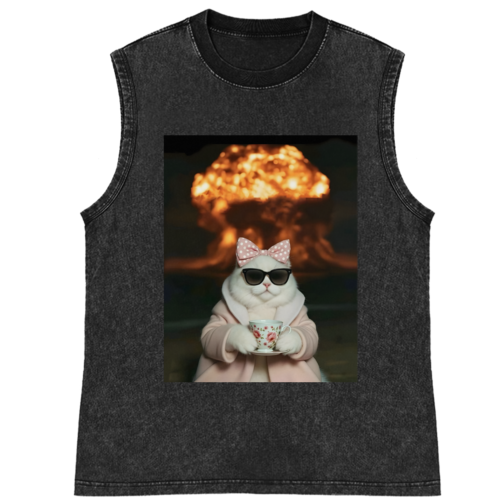 Cat with Tea & Nuclear Explosion Retro Washed Tank Top