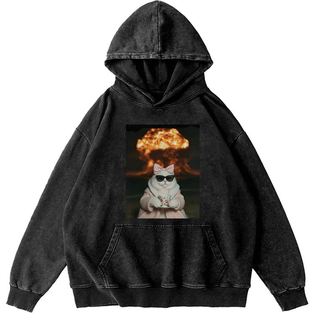Cat with Tea & Nuclear Explosion Retro Washed Hoodie