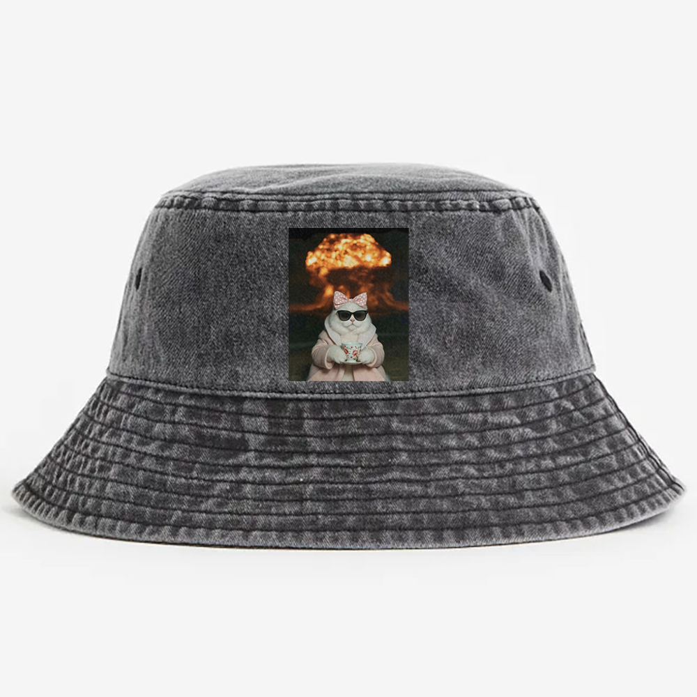 Cat with Tea & Nuclear Explosion Retro Vintage Washed Bucket Hat