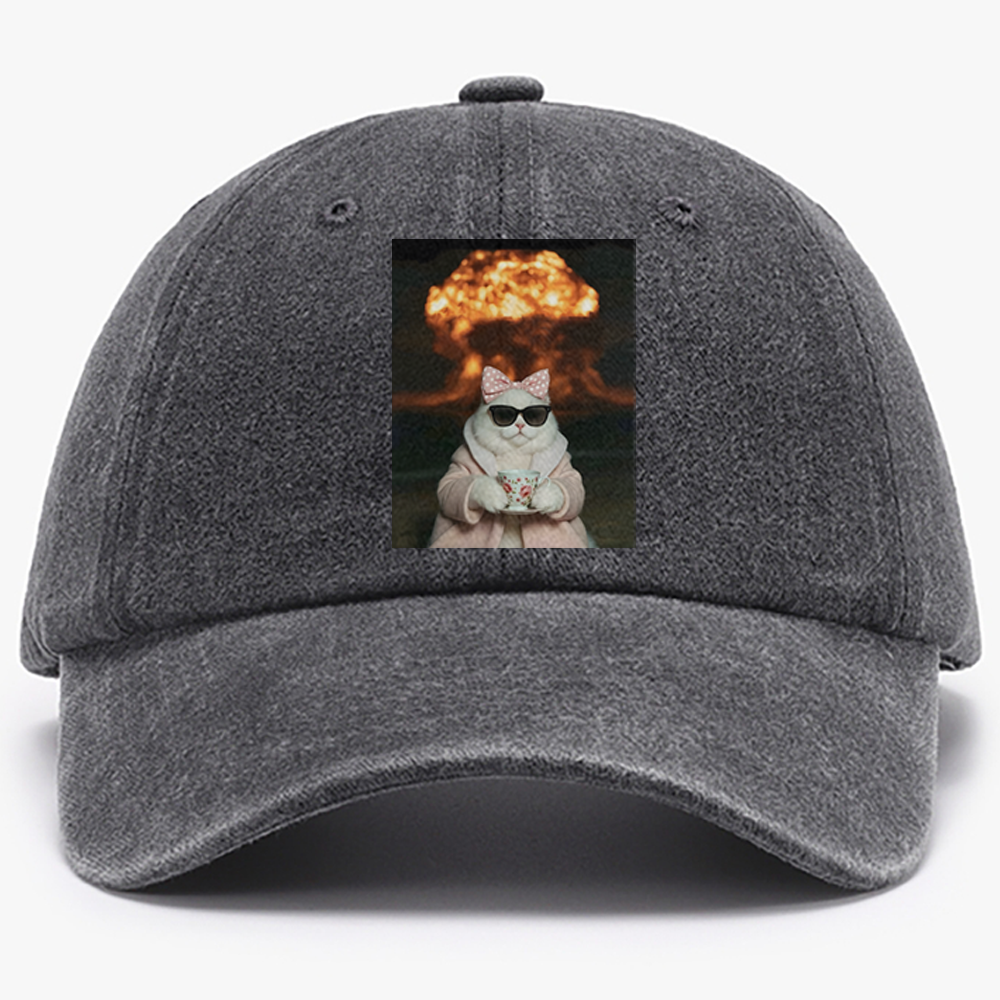 Cat with Tea & Nuclear Explosion Retro Washed Baseball Cap