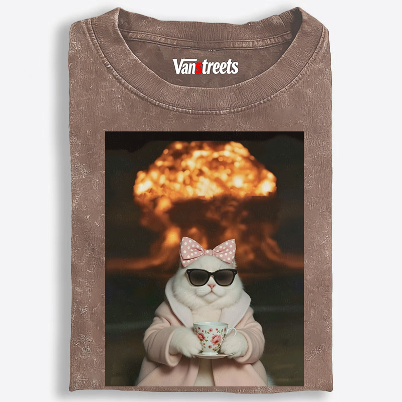 Cat with Tea & Nuclear Explosion Retro Washed T-Shirt | 100% Cotton | Streetwear Essential