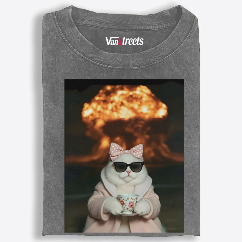 Cat with Tea & Nuclear Explosion Retro Washed T-Shirt | 100% Cotton | Streetwear Essential