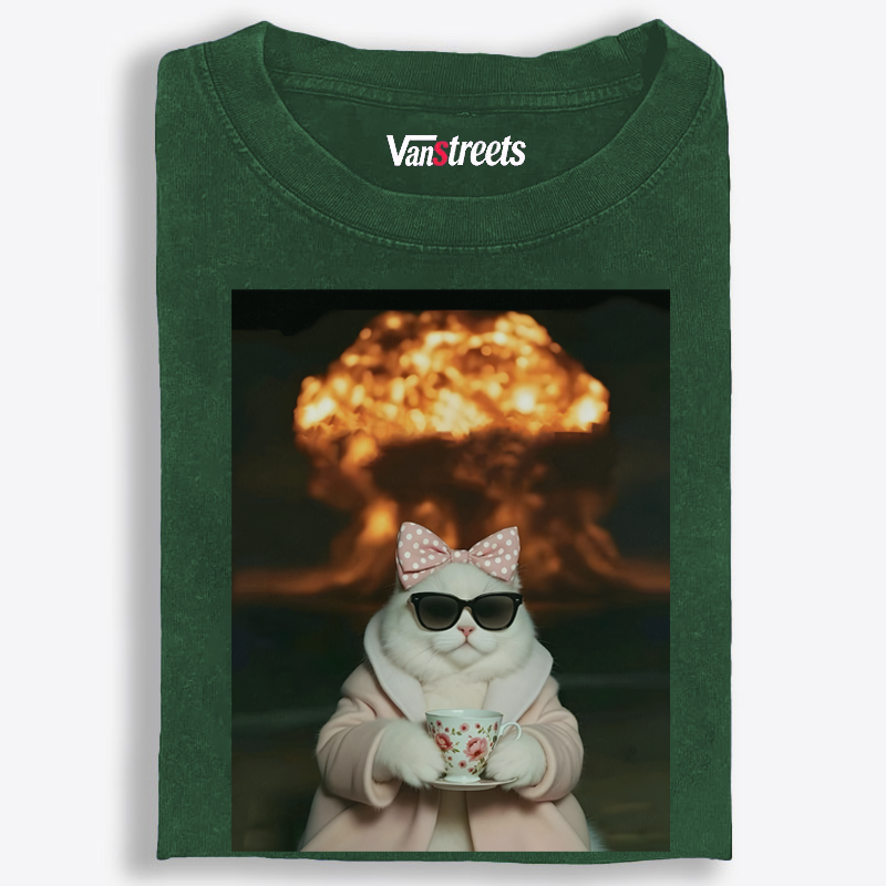 Cat with Tea & Nuclear Explosion Retro Washed T-Shirt | 100% Cotton | Streetwear Essential
