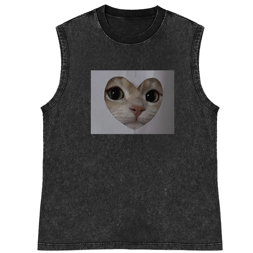 Heart Cutout Cat Face Retro Washed Tank Top