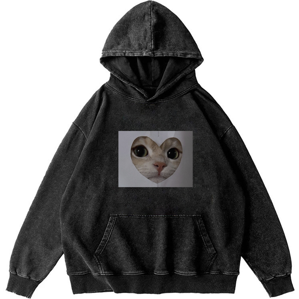 Heart Cutout Cat Face Retro Washed Hoodie