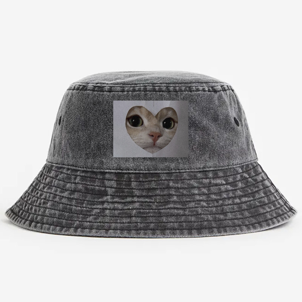 Heart Cutout Cat Face Retro Vintage Washed Bucket Hat