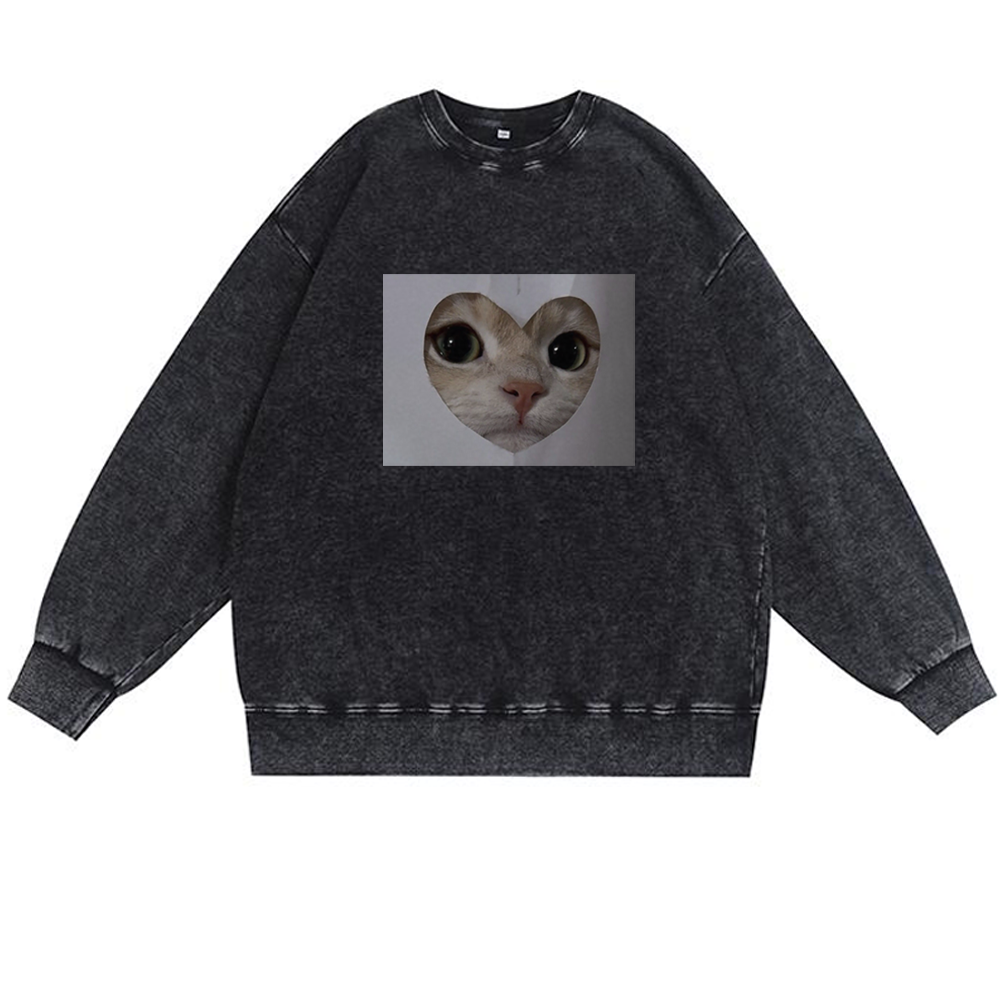 Heart Cutout Cat Face Retro Premium Washed Cotton Crewneck Sweatshirt