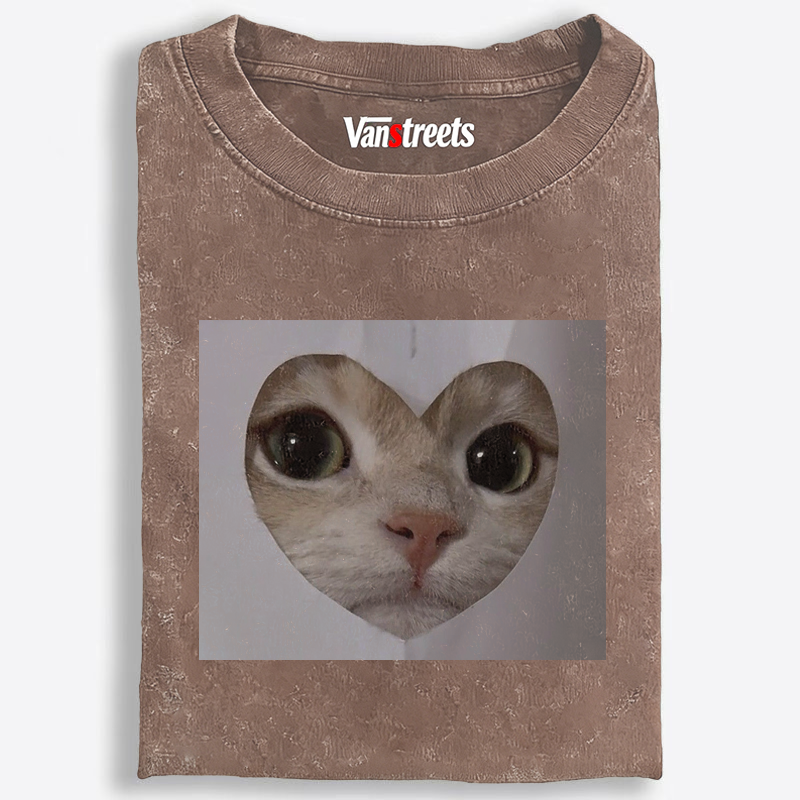 Heart Cutout Cat Face Retro Washed T-Shirt | 100% Cotton | Streetwear Essential