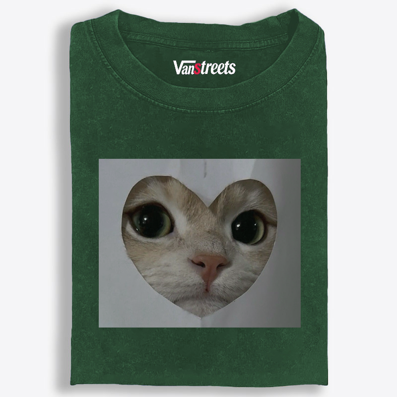 Heart Cutout Cat Face Retro Washed T-Shirt | 100% Cotton | Streetwear Essential