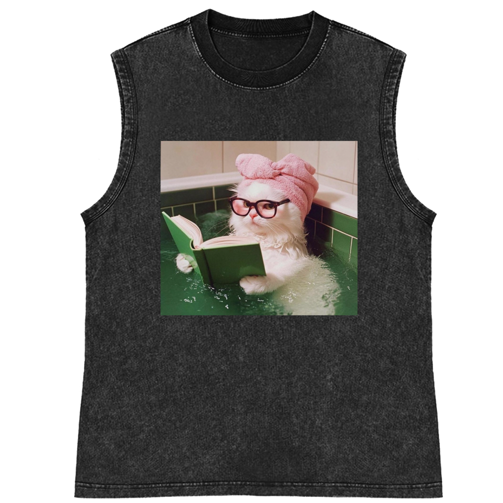 Bathtub Reading Cat Aesthetic Retro Washed Tank Top