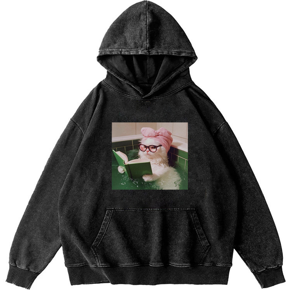 Bathtub Reading Cat Aesthetic Retro Washed Hoodie