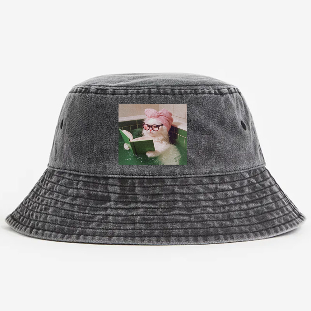Bathtub Reading Cat Aesthetic Retro Vintage Washed Bucket Hat