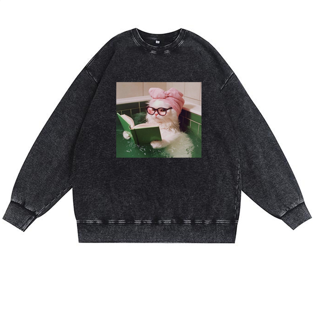 Bathtub Reading Cat Aesthetic Retro Premium Washed Cotton Crewneck Sweatshirt