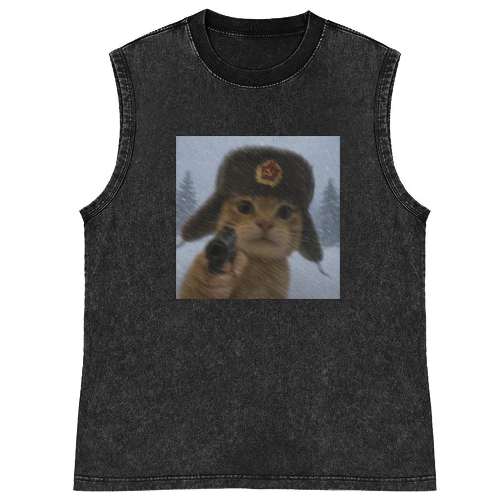 Soviet Ushanka Cat Retro Washed Tank Top