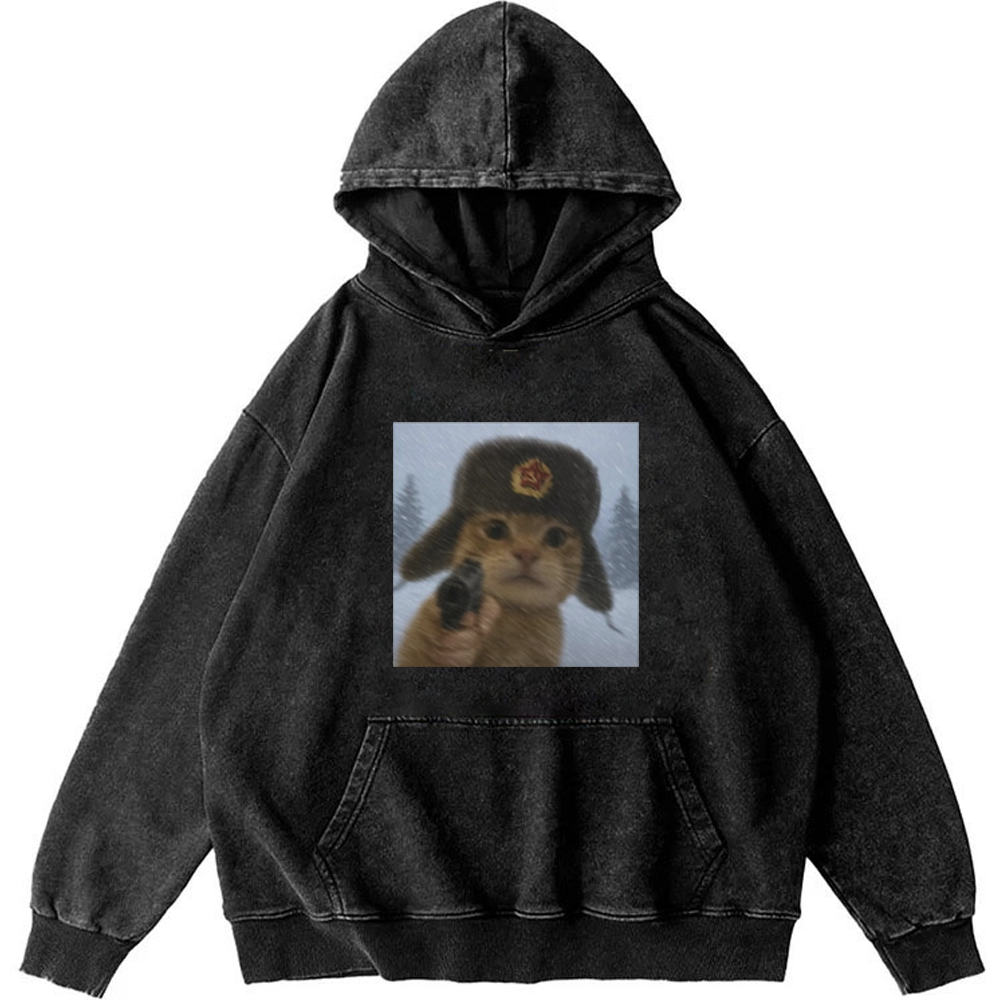 Soviet Ushanka Cat Retro Washed Hoodie