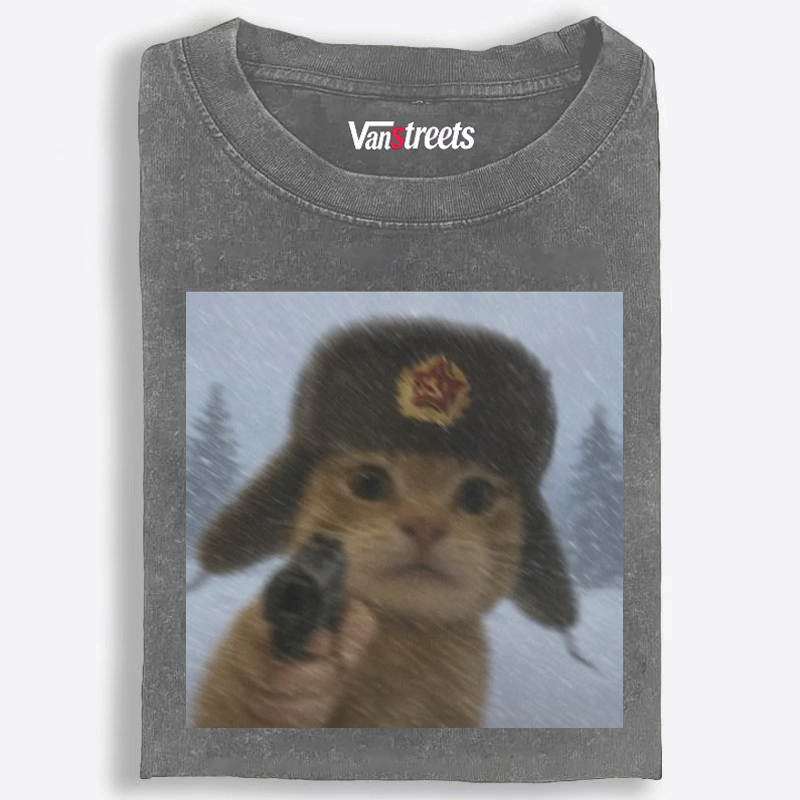 Soviet Ushanka Cat Retro Washed T-Shirt | 100% Cotton | Streetwear Essential