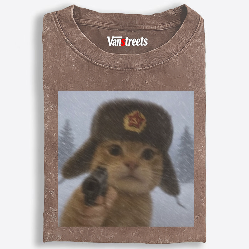 Soviet Ushanka Cat Retro Washed T-Shirt | 100% Cotton | Streetwear Essential