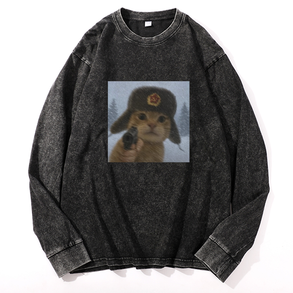 Soviet Ushanka Cat Retro Washed Long Sleeve T-Shirt