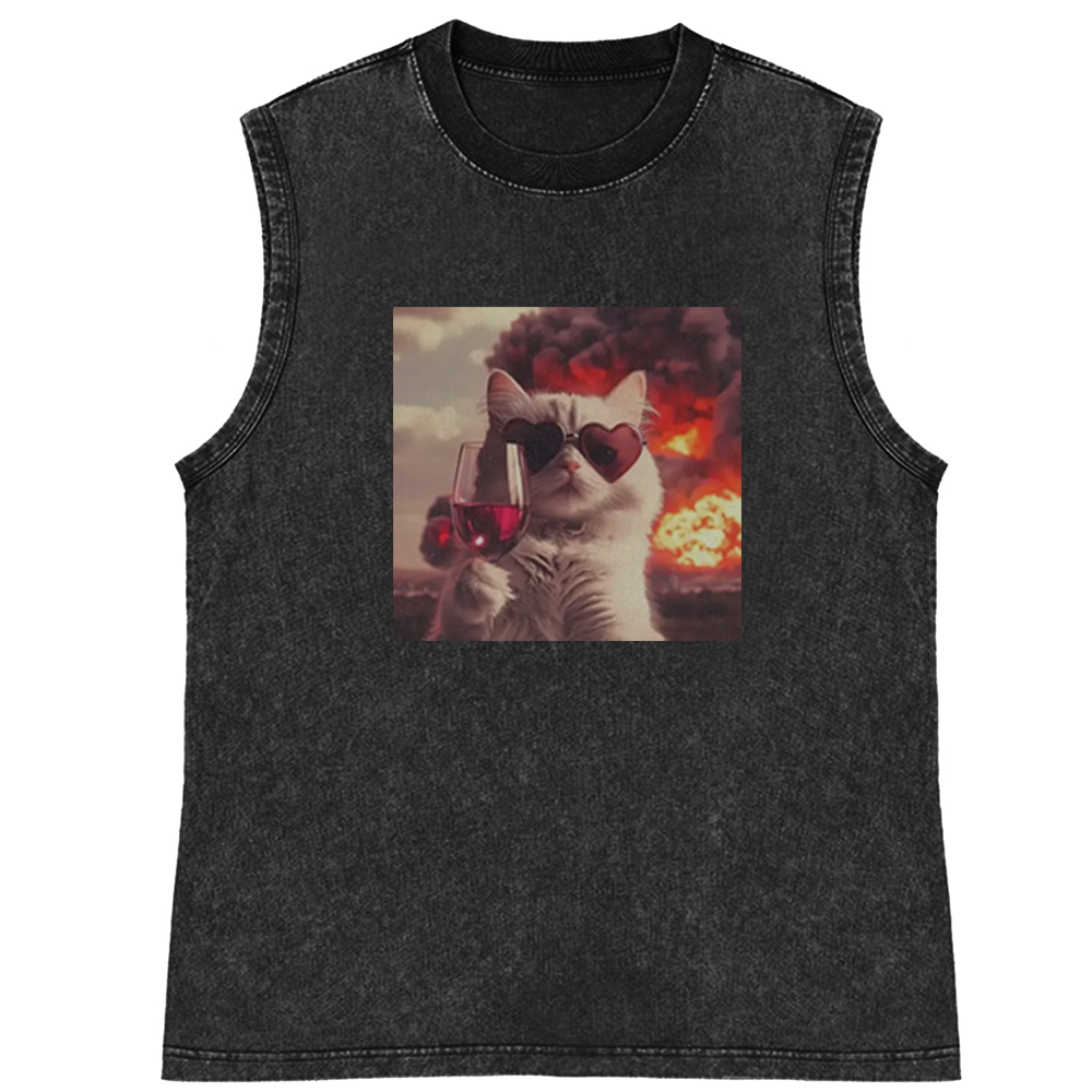 Cat with Wine & Explosion Meme Retro Washed Tank Top
