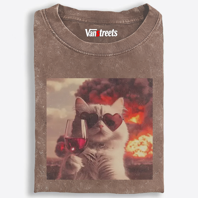 Cat with Wine & Explosion Meme Retro Washed T-Shirt | 100% Cotton | Streetwear Essential