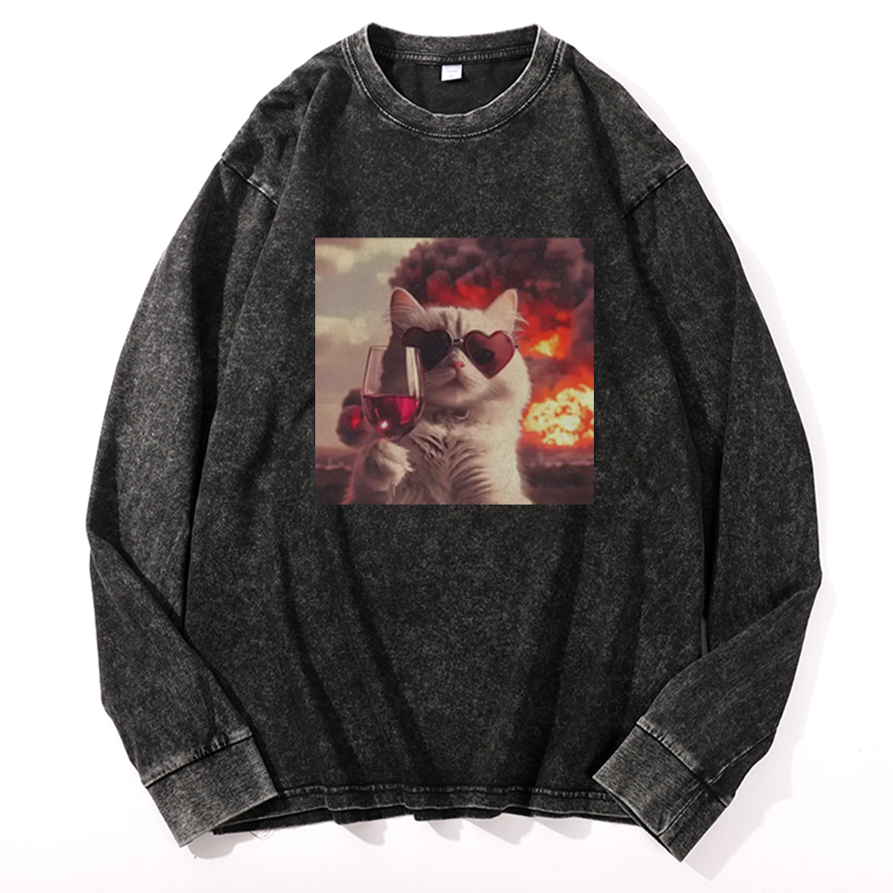 Cat with Wine & Explosion Meme Retro Washed Long Sleeve T-Shirt