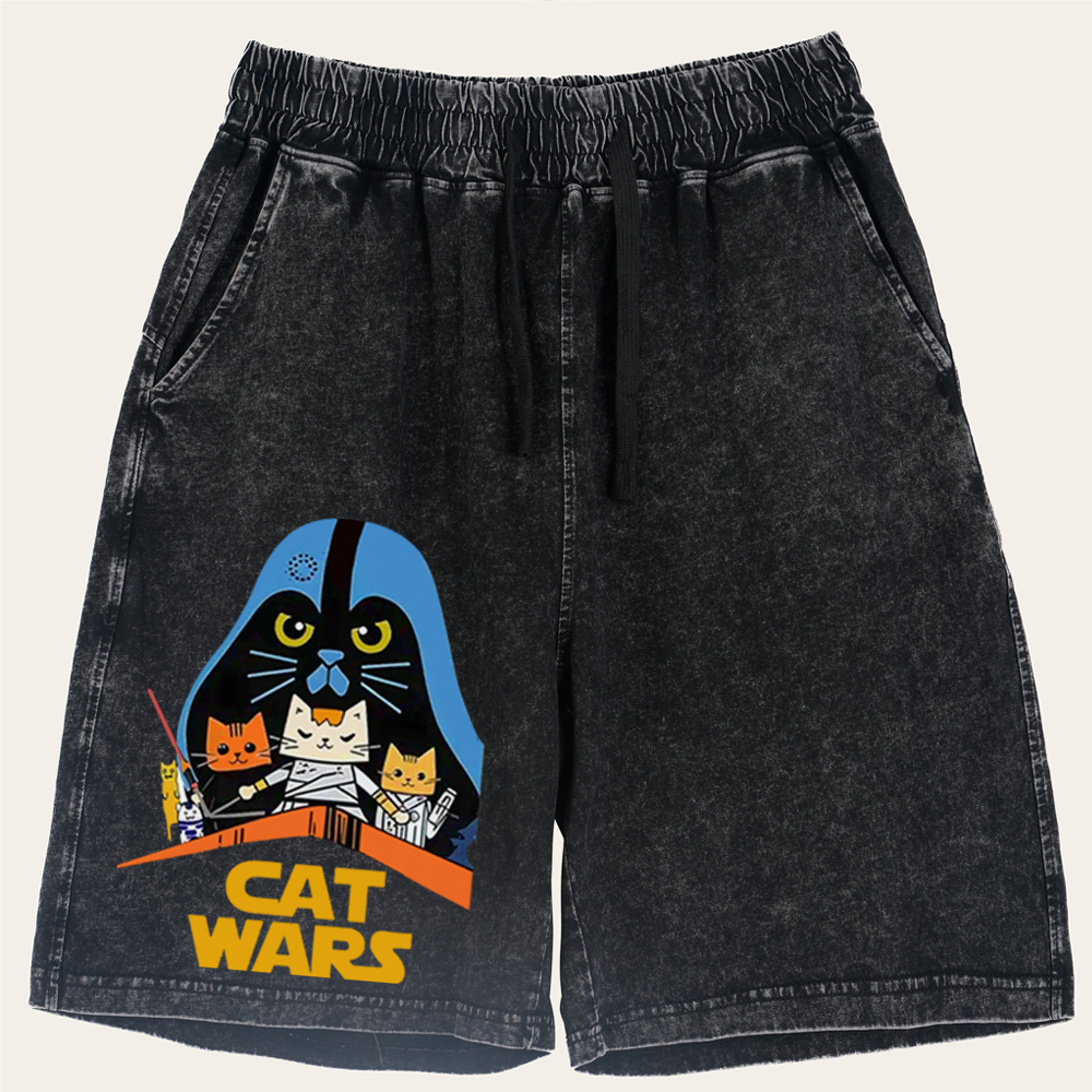 Cat Wars Graphic Retro Washed Shorts