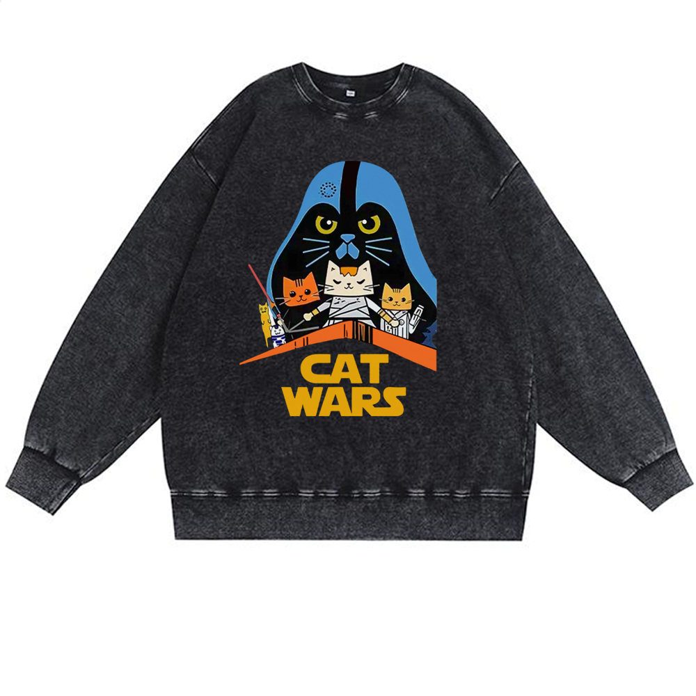 Cat Wars Graphic Retro Premium Washed Cotton Crewneck Sweatshirt