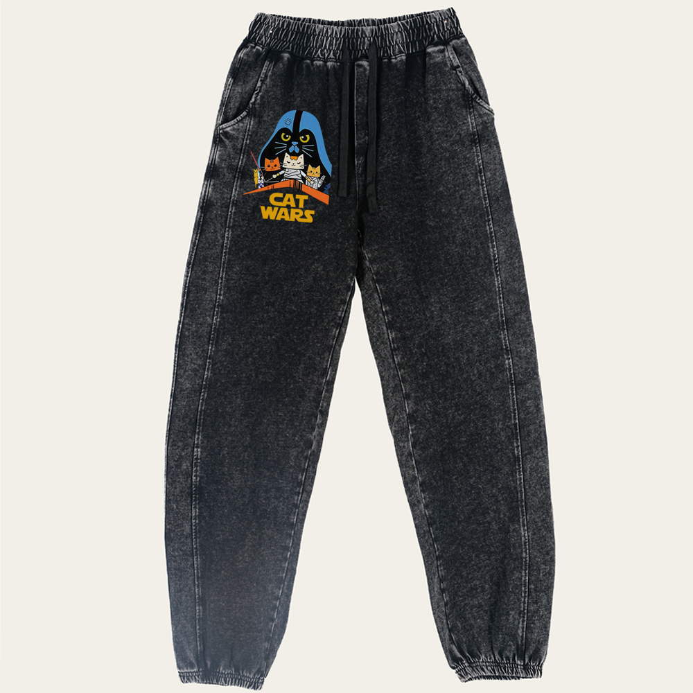 Cat Wars Graphic Retro Washed Pants