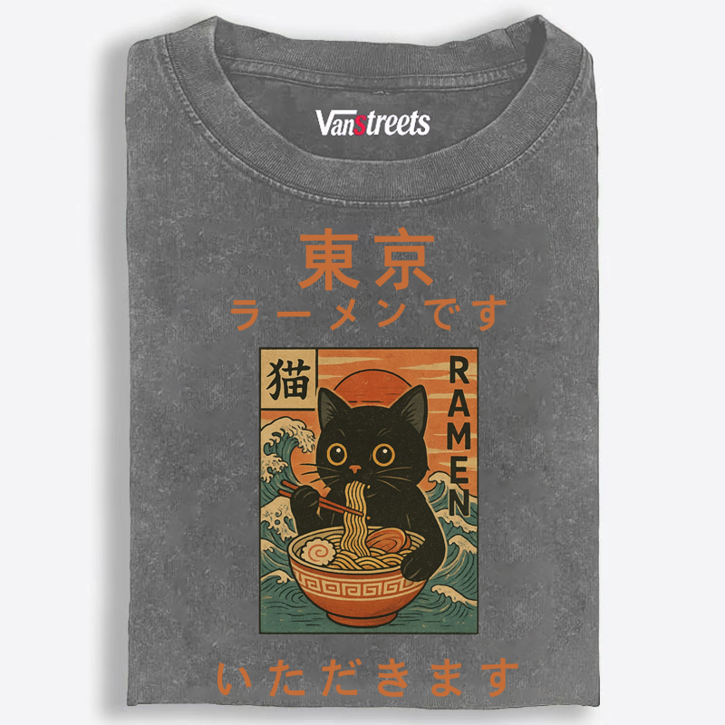 Tokyo Ramen Cat Retro Washed T-Shirt | 100% Cotton | Streetwear Essential