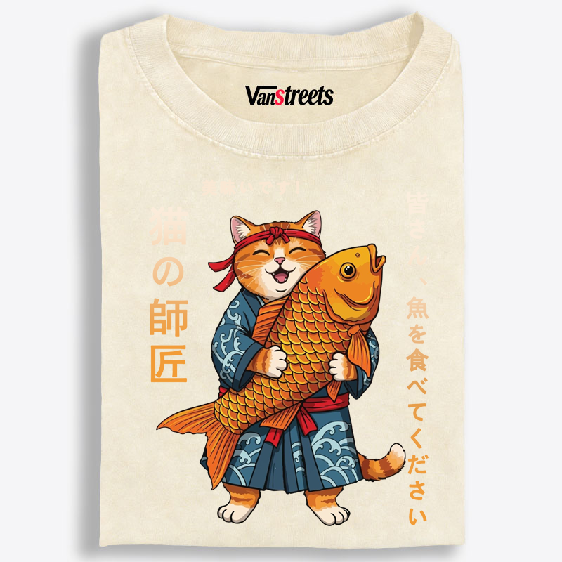 Cat Master Koi Fish Retro Washed T-Shirt | 100% Cotton | Streetwear Essential