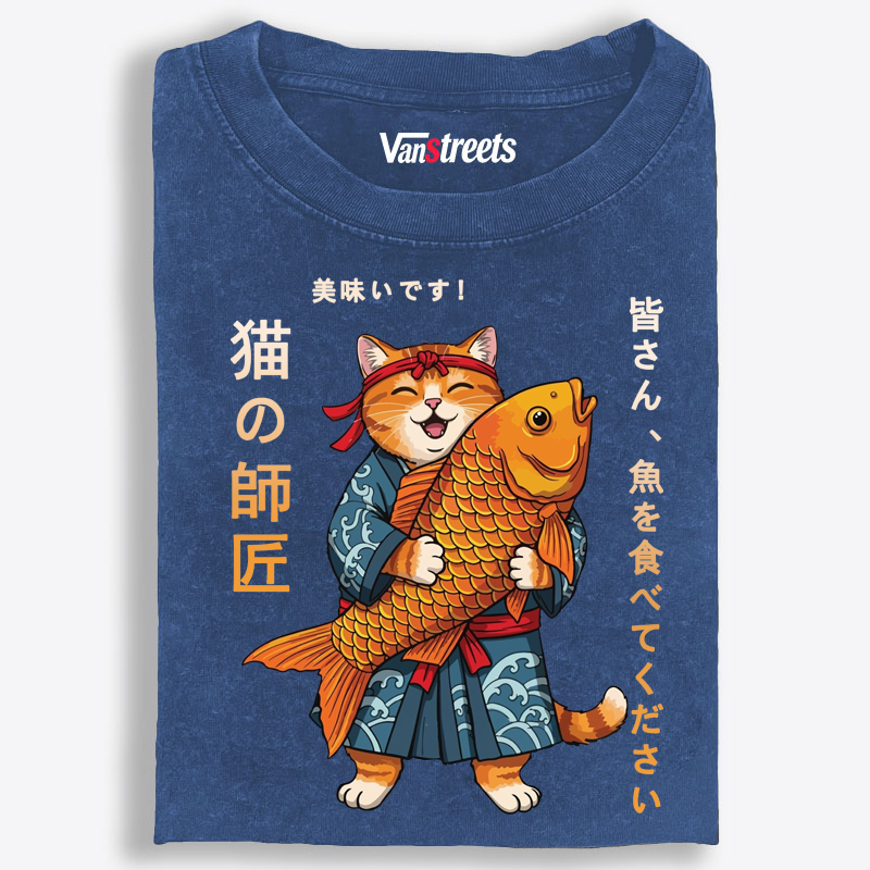 Cat Master Koi Fish Retro Washed T-Shirt | 100% Cotton | Streetwear Essential