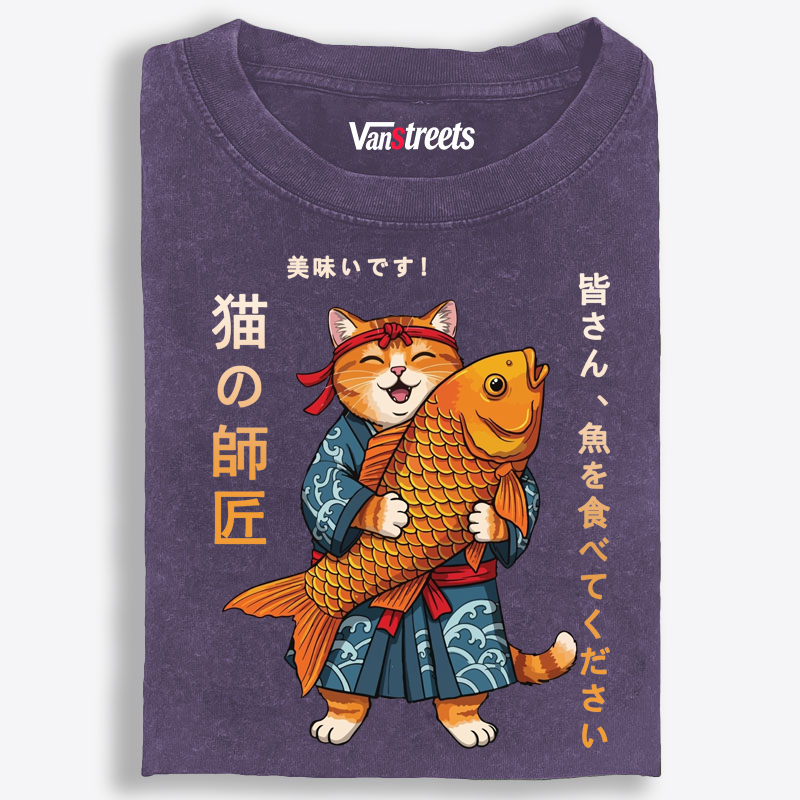 Cat Master Koi Fish Retro Washed T-Shirt | 100% Cotton | Streetwear Essential