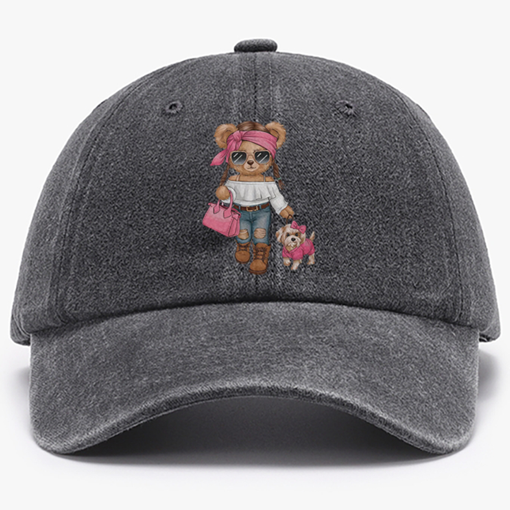 Fashion Teddy Bear Walking Dog Retro Washed Baseball Cap
