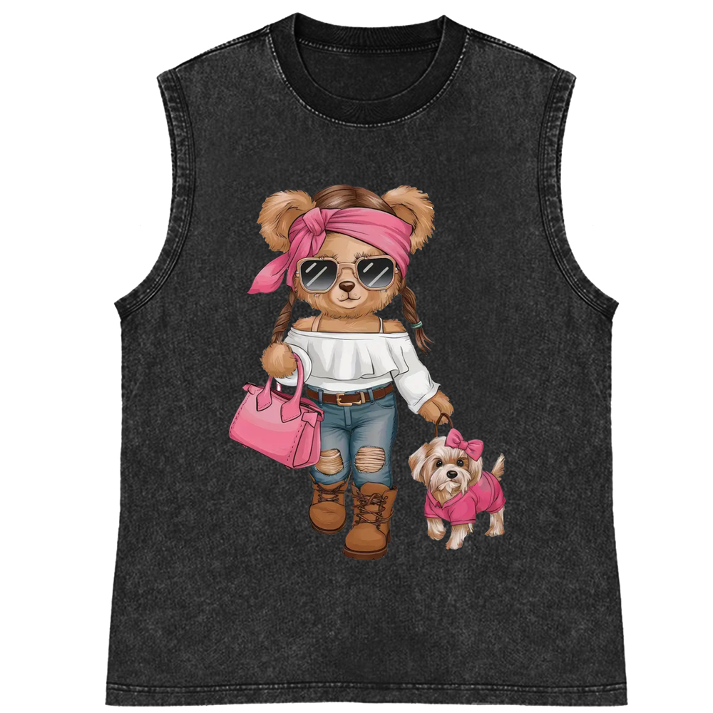 Fashion Teddy Bear Walking Dog Retro Washed Tank Top