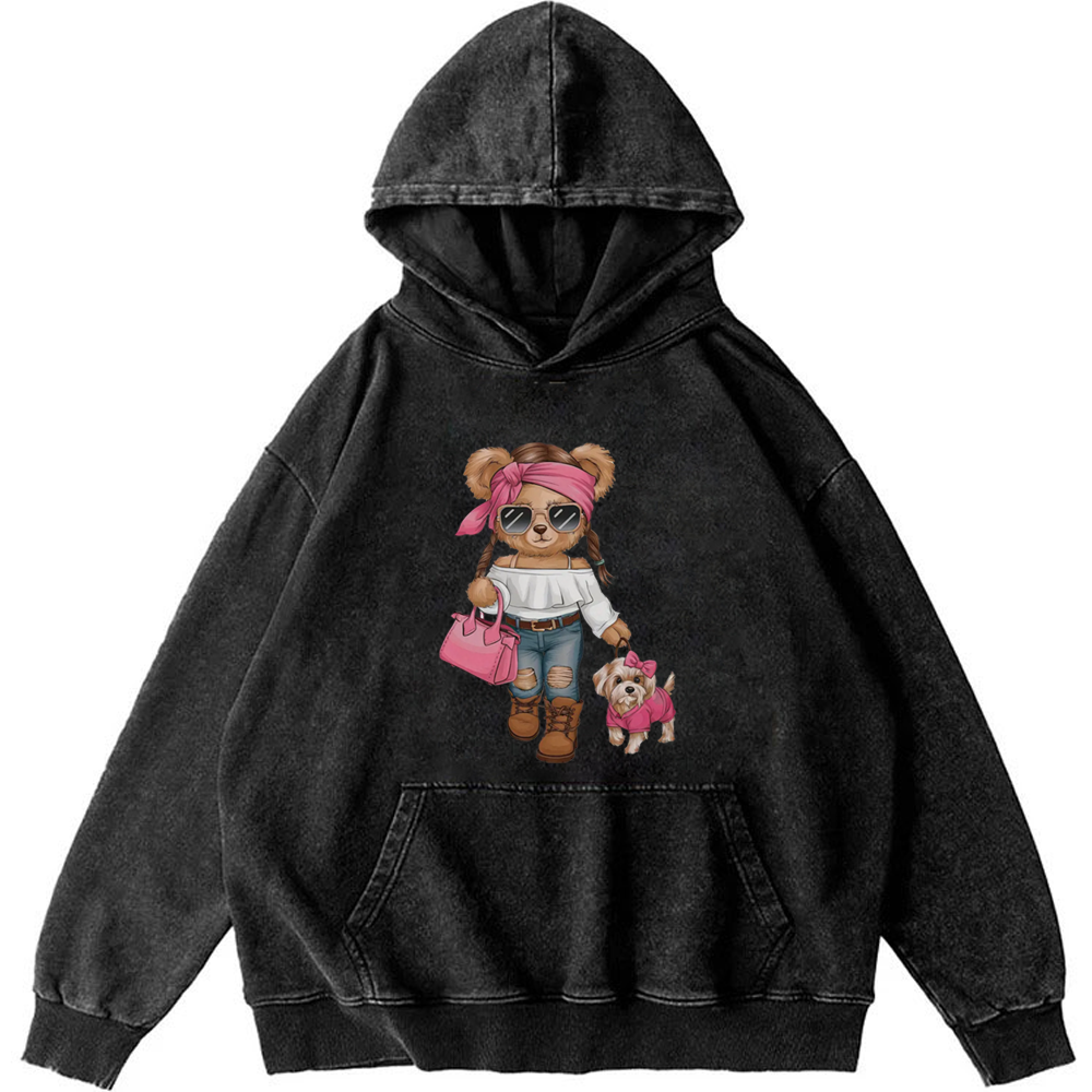 Fashion Teddy Bear Walking Dog Retro Washed Hoodie