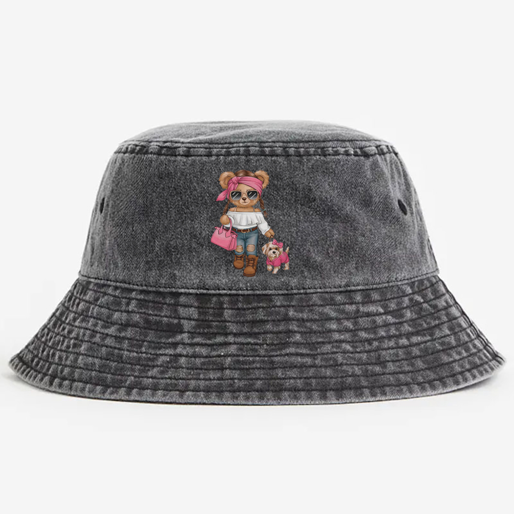 Fashion Teddy Bear Walking Dog Retro Vintage Washed Bucket Hat
