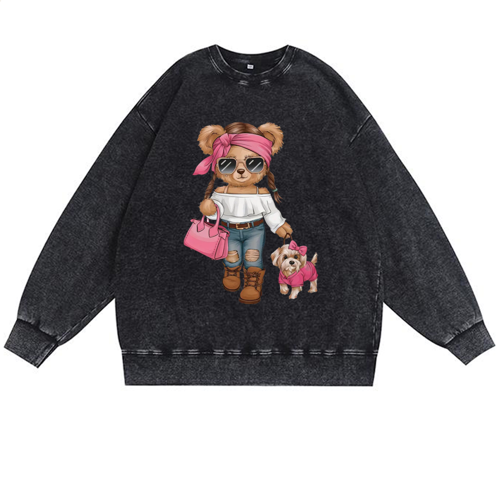 Fashion Teddy Bear Walking Dog Retro Premium Washed Cotton Crewneck Sweatshirt