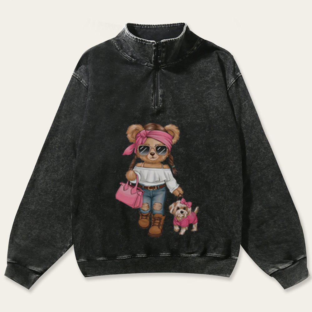 Fashion Teddy Bear Walking Dog Retro Washed Zip-Up Mock Neck Sweatshirt
