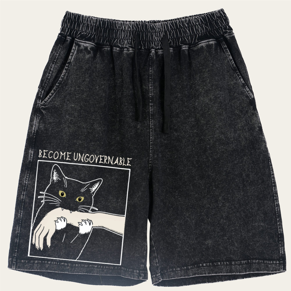 Become Ungovernable Cat Retro Washed Shorts