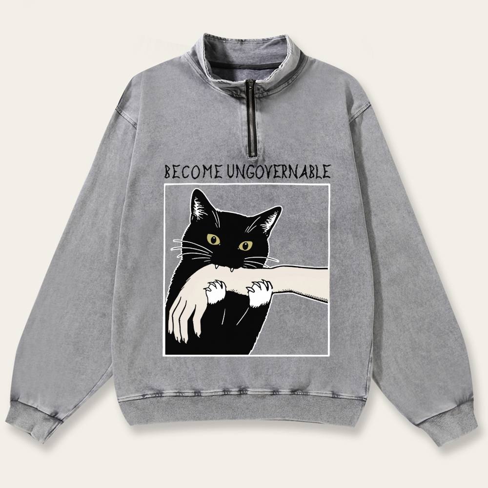 Become Ungovernable Cat Retro Washed Zip-Up Mock Neck Sweatshirt