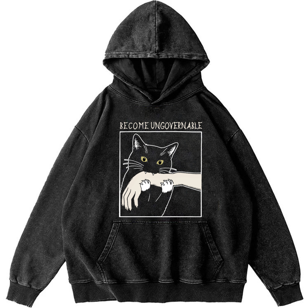 Become Ungovernable Cat Retro Washed Hoodide