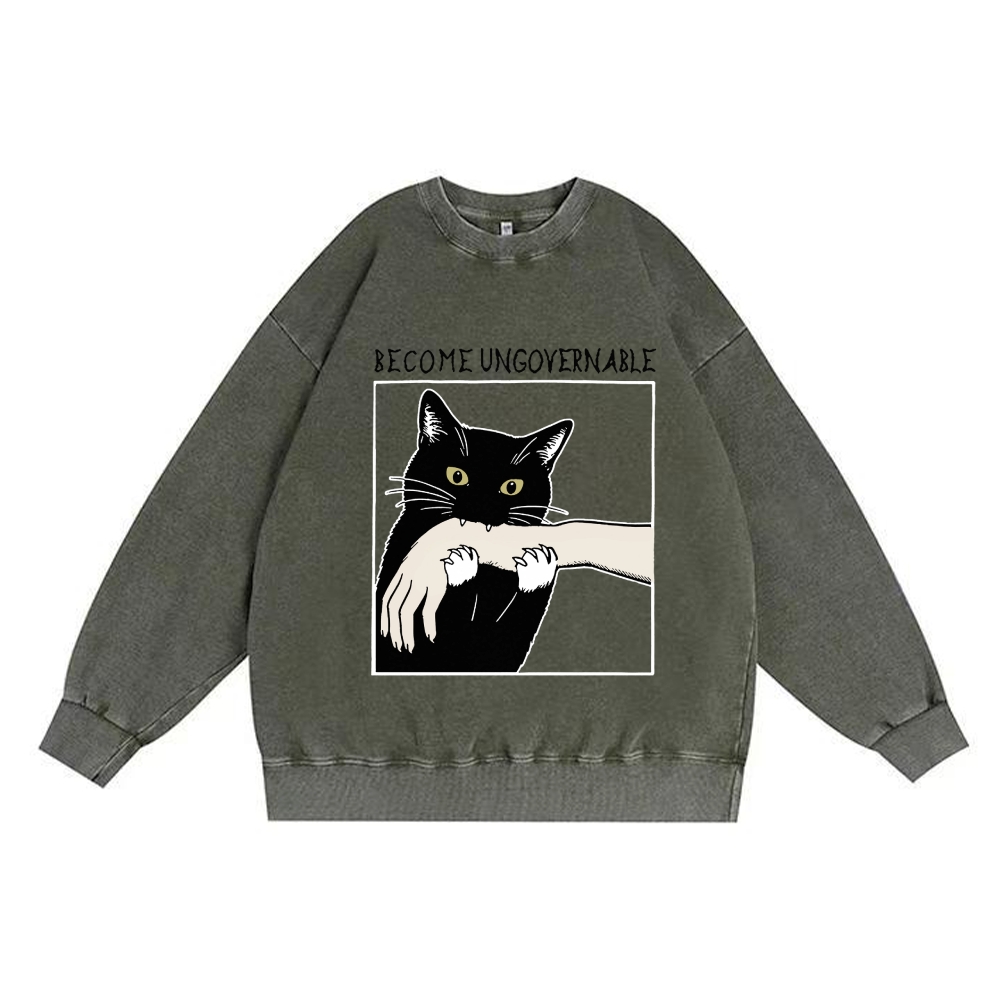Become Ungovernable Cat Retro Premium Washed Cotton Crewneck Sweatshirt