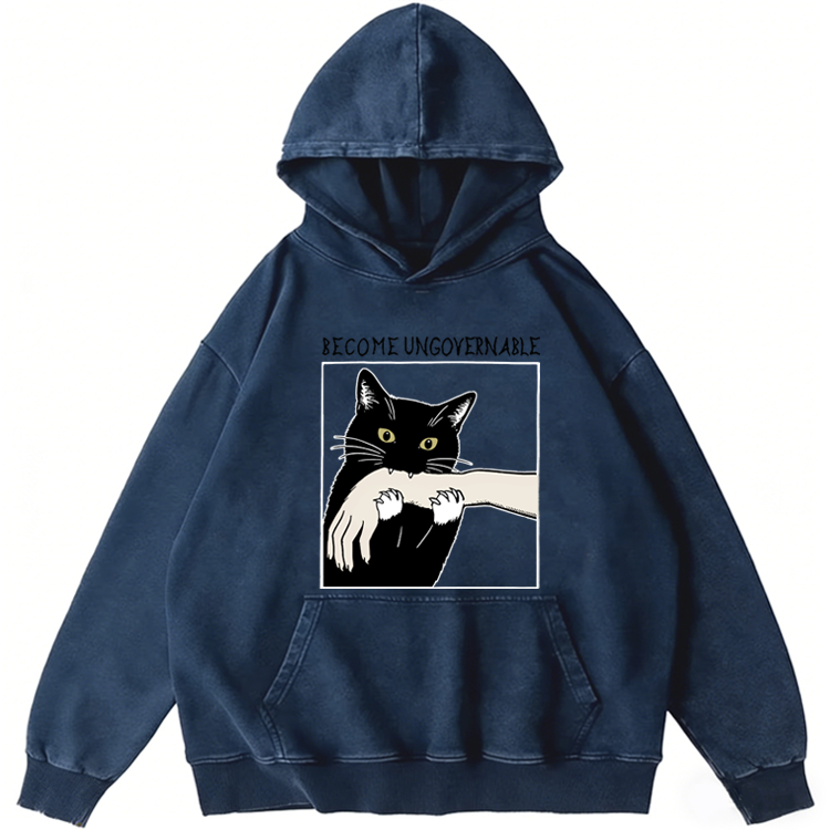 Become Ungovernable Biting Cat Retro Washed Hoodide | 100% Cotton | Streetwear Essential