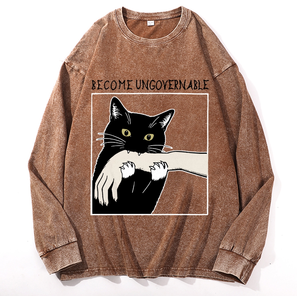 Become Ungovernable Cat Retro Washed Long Sleeve T-Shirt