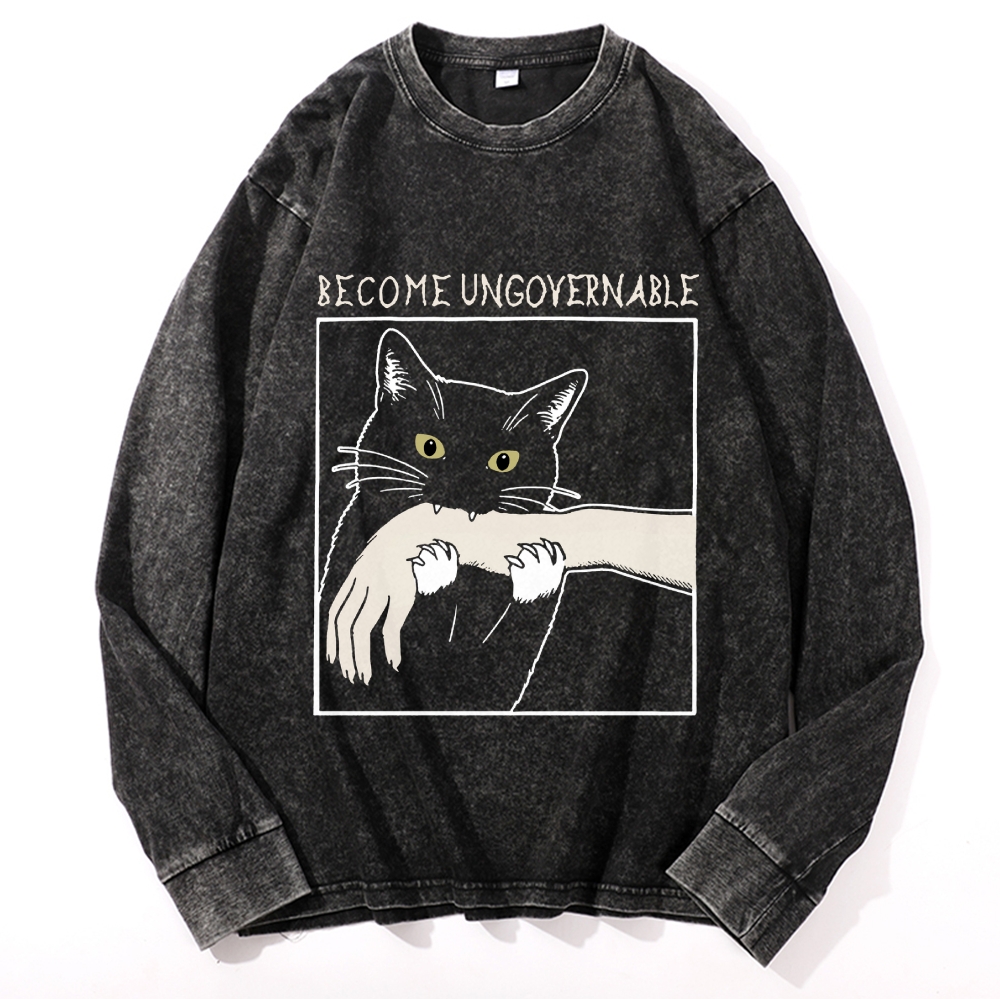 Become Ungovernable Cat Retro Washed Long Sleeve T-Shirt