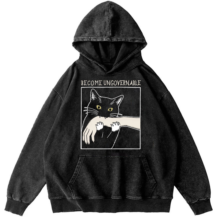 Become Ungovernable Biting Cat Retro Washed Hoodide | 100% Cotton | Streetwear Essential