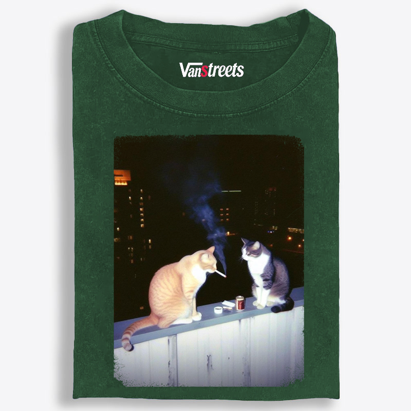Smoking Cat Retro Washed T-Shirt | 100% Cotton | Streetwear Essential