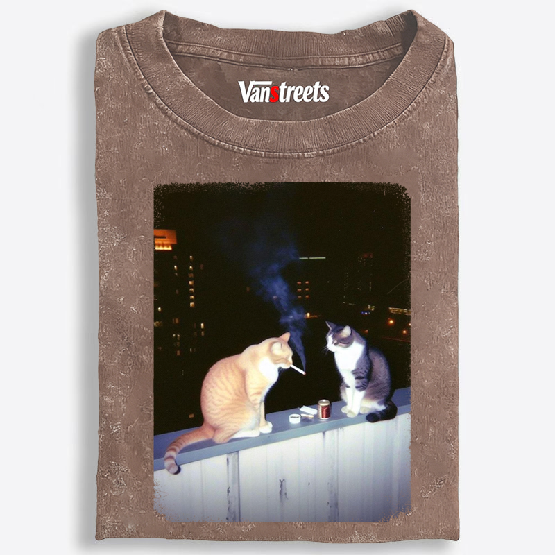 Smoking Cat Retro Washed T-Shirt | 100% Cotton | Streetwear Essential